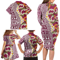 Hawaiian Plumeria Lei Family Matching Long Sleeve Bodycon Dress and Hawaiian Shirt Kakau Motifs and Palaka Half Style Pink Color - Polynesian Pride