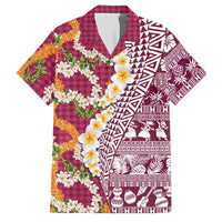 Hawaiian Plumeria Lei Family Matching Long Sleeve Bodycon Dress and Hawaiian Shirt Kakau Motifs and Palaka Half Style Pink Color - Polynesian Pride