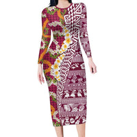 Hawaiian Plumeria Lei Family Matching Long Sleeve Bodycon Dress and Hawaiian Shirt Kakau Motifs and Palaka Half Style Pink Color - Polynesian Pride