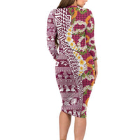 Hawaiian Plumeria Lei Family Matching Long Sleeve Bodycon Dress and Hawaiian Shirt Kakau Motifs and Palaka Half Style Pink Color - Polynesian Pride