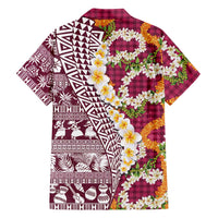 Hawaiian Plumeria Lei Family Matching Off The Shoulder Long Sleeve Dress and Hawaiian Shirt Kakau Motifs and Palaka Half Style Pink Color - Polynesian Pride