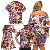 Hawaiian Plumeria Lei Family Matching Off Shoulder Short Dress and Hawaiian Shirt Kakau Motifs and Palaka Half Style Pink Color - Polynesian Pride