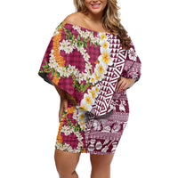 Hawaiian Plumeria Lei Family Matching Off Shoulder Short Dress and Hawaiian Shirt Kakau Motifs and Palaka Half Style Pink Color - Polynesian Pride