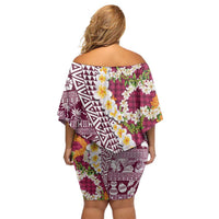 Hawaiian Plumeria Lei Family Matching Off Shoulder Short Dress and Hawaiian Shirt Kakau Motifs and Palaka Half Style Pink Color - Polynesian Pride