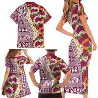 Hawaiian Plumeria Lei Family Matching Short Sleeve Bodycon Dress and Hawaiian Shirt Kakau Motifs and Palaka Half Style Pink Color - Polynesian Pride