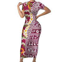 Hawaiian Plumeria Lei Family Matching Short Sleeve Bodycon Dress and Hawaiian Shirt Kakau Motifs and Palaka Half Style Pink Color - Polynesian Pride