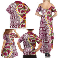 Hawaiian Plumeria Lei Family Matching Summer Maxi Dress and Hawaiian Shirt Kakau Motifs and Palaka Half Style Pink Color - Polynesian Pride