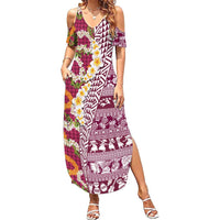 Hawaiian Plumeria Lei Family Matching Summer Maxi Dress and Hawaiian Shirt Kakau Motifs and Palaka Half Style Pink Color - Polynesian Pride