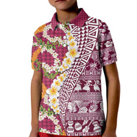 Hawaiian Plumeria Lei Kid Polo Shirt Kakau Motifs and Palaka Half Style Pink Color - Polynesian Pride