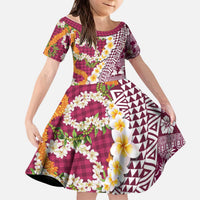 Hawaiian Plumeria Lei Kid Short Sleeve Dress Kakau Motifs and Palaka Half Style Pink Color - Polynesian Pride