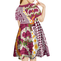 Hawaiian Plumeria Lei Kid Short Sleeve Dress Kakau Motifs and Palaka Half Style Pink Color - Polynesian Pride