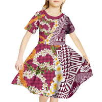 Hawaiian Plumeria Lei Kid Short Sleeve Dress Kakau Motifs and Palaka Half Style Pink Color - Polynesian Pride