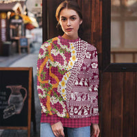 Hawaiian Plumeria Lei Ugly Christmas Sweater Kakau Motifs and Palaka Half Style Pink Color - Polynesian Pride