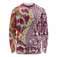 Hawaiian Plumeria Lei Long Sleeve Shirt Kakau Motifs and Palaka Half Style Pink Color - Polynesian Pride