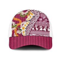 Hawaiian Plumeria Lei Mesh Trucker Cap Kakau Motifs and Palaka Half Style Pink Color LT03 One Size White Pink - Polynesian Pride