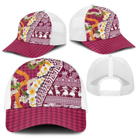 Hawaiian Plumeria Lei Mesh Trucker Cap Kakau Motifs and Palaka Half Style Pink Color - Polynesian Pride