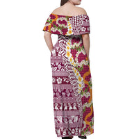 Hawaiian Plumeria Lei Off Shoulder Maxi Dress Kakau Motifs and Palaka Half Style Pink Color - Polynesian Pride