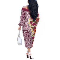 Hawaiian Plumeria Lei Off The Shoulder Long Sleeve Dress Kakau Motifs and Palaka Half Style Pink Color - Polynesian Pride