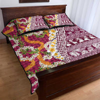 Hawaiian Plumeria Lei Quilt Bed Set Kakau Motifs and Palaka Half Style Pink Color - Polynesian Pride
