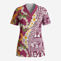 Hawaiian Plumeria Lei Scrub Top Kakau Motifs and Palaka Half Style Pink Color LT03 Adult Pink - Polynesian Pride