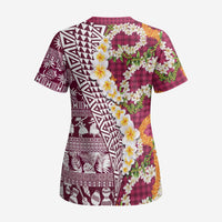 Hawaiian Plumeria Lei Scrub Top Kakau Motifs and Palaka Half Style Pink Color LT03 - Polynesian Pride