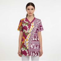 Hawaiian Plumeria Lei Scrub Top Kakau Motifs and Palaka Half Style Pink Color LT03 - Polynesian Pride