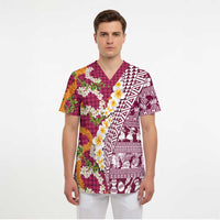 Hawaiian Plumeria Lei Scrub Top Kakau Motifs and Palaka Half Style Pink Color LT03 - Polynesian Pride