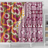 Hawaiian Plumeria Lei Shower Curtain Kakau Motifs and Palaka Half Style Pink Color - Polynesian Pride