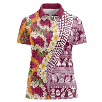 Hawaiian Plumeria Lei Women Polo Shirt Kakau Motifs and Palaka Half Style Pink Color - Polynesian Pride