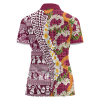 Hawaiian Plumeria Lei Women Polo Shirt Kakau Motifs and Palaka Half Style Pink Color - Polynesian Pride