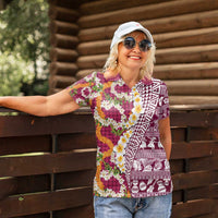 Hawaiian Plumeria Lei Women Polo Shirt Kakau Motifs and Palaka Half Style Pink Color - Polynesian Pride