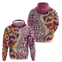 Hawaiian Plumeria Lei Zip Hoodie Kakau Motifs and Palaka Half Style Pink Color - Polynesian Pride