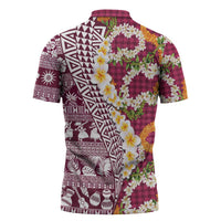Hawaiian Plumeria Lei Zipper Polo Shirt Kakau Motifs and Palaka Half Style Pink Color - Polynesian Pride