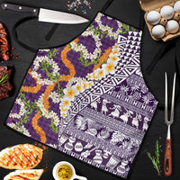 Hawaiian Plumeria Lei Apron Kakau Motifs and Palaka Half Style Purple Color - Polynesian Pride