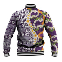 Hawaiian Plumeria Lei Baseball Jacket Kakau Motifs and Palaka Half Style Purple Color LT03 - Polynesian Pride