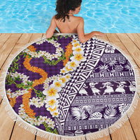 Hawaiian Plumeria Lei Beach Blanket Kakau Motifs and Palaka Half Style Purple Color - Polynesian Pride