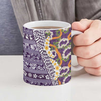 Hawaiian Plumeria Lei Ceramic Mug Kakau Motifs and Palaka Half Style Purple Color LT03 - Polynesian Pride