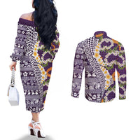 Hawaiian Plumeria Lei Couples Matching Off The Shoulder Long Sleeve Dress and Long Sleeve Button Shirt Kakau Motifs and Palaka Half Style Purple Color - Polynesian Pride