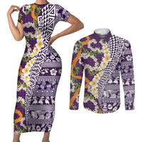Hawaiian Plumeria Lei Couples Matching Short Sleeve Bodycon Dress and Long Sleeve Button Shirt Kakau Motifs and Palaka Half Style Purple Color - Polynesian Pride