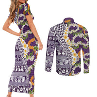 Hawaiian Plumeria Lei Couples Matching Short Sleeve Bodycon Dress and Long Sleeve Button Shirt Kakau Motifs and Palaka Half Style Purple Color - Polynesian Pride