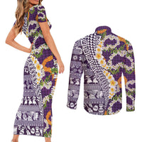 Hawaiian Plumeria Lei Couples Matching Short Sleeve Bodycon Dress and Long Sleeve Button Shirt Kakau Motifs and Palaka Half Style Purple Color - Polynesian Pride