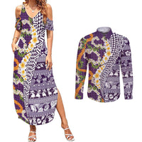Hawaiian Plumeria Lei Couples Matching Summer Maxi Dress and Long Sleeve Button Shirt Kakau Motifs and Palaka Half Style Purple Color - Polynesian Pride