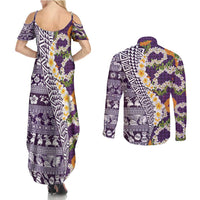 Hawaiian Plumeria Lei Couples Matching Summer Maxi Dress and Long Sleeve Button Shirt Kakau Motifs and Palaka Half Style Purple Color - Polynesian Pride
