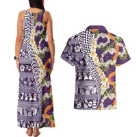 Hawaiian Plumeria Lei Couples Matching Tank Maxi Dress and Hawaiian Shirt Kakau Motifs and Palaka Half Style Purple Color - Polynesian Pride