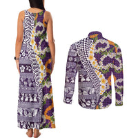 Hawaiian Plumeria Lei Couples Matching Tank Maxi Dress and Long Sleeve Button Shirt Kakau Motifs and Palaka Half Style Purple Color - Polynesian Pride