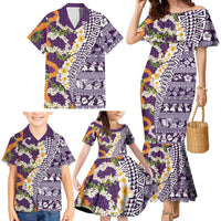 Hawaiian Plumeria Lei Family Matching Mermaid Dress and Hawaiian Shirt Kakau Motifs and Palaka Half Style Purple Color - Polynesian Pride