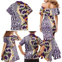 Hawaiian Plumeria Lei Family Matching Mermaid Dress and Hawaiian Shirt Kakau Motifs and Palaka Half Style Purple Color - Polynesian Pride
