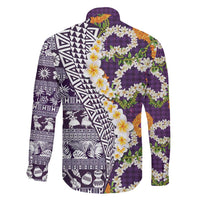 Hawaiian Plumeria Lei Family Matching Mermaid Dress and Hawaiian Shirt Kakau Motifs and Palaka Half Style Purple Color - Polynesian Pride