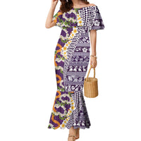 Hawaiian Plumeria Lei Family Matching Mermaid Dress and Hawaiian Shirt Kakau Motifs and Palaka Half Style Purple Color - Polynesian Pride