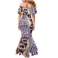 Hawaiian Plumeria Lei Family Matching Mermaid Dress and Hawaiian Shirt Kakau Motifs and Palaka Half Style Purple Color - Polynesian Pride